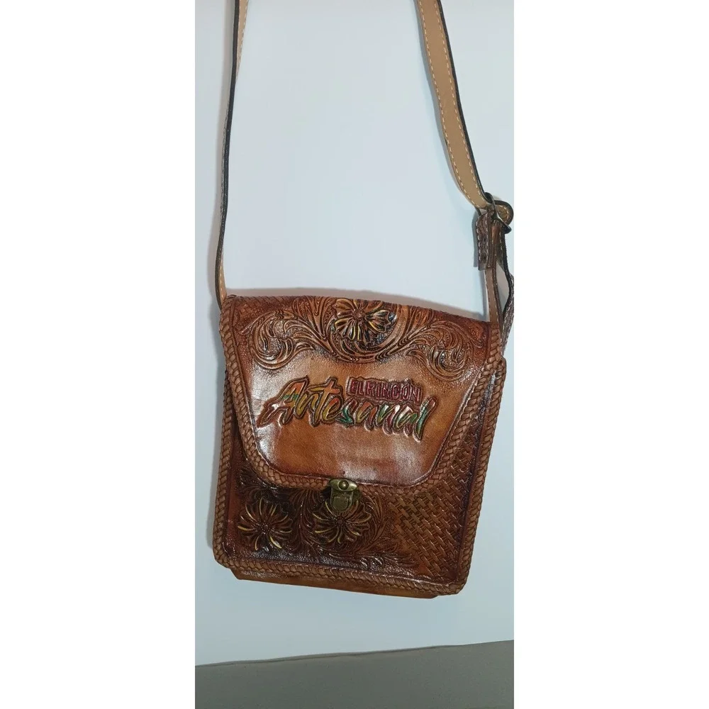 Vintage purse Leather Hand Tooled Handbag El Rincon Mexico Artesanal Boho Retro